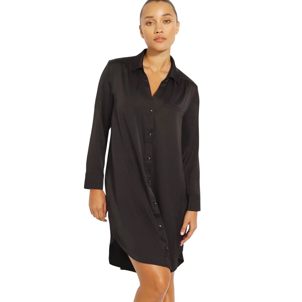Soma Black Satin Luxury Long Sleeve Button Down Sleep Shirt Nightgown Size M‎